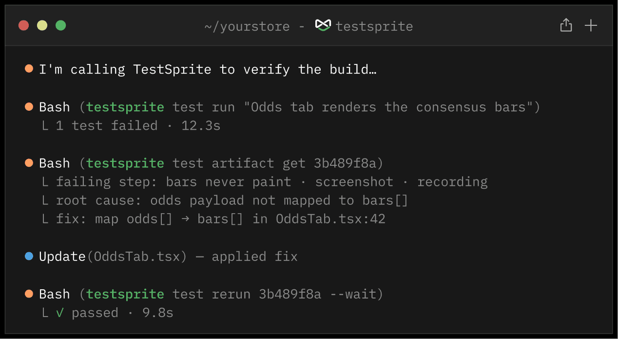 An agent running TestSprite from the terminal, reading the failure and rerunning
