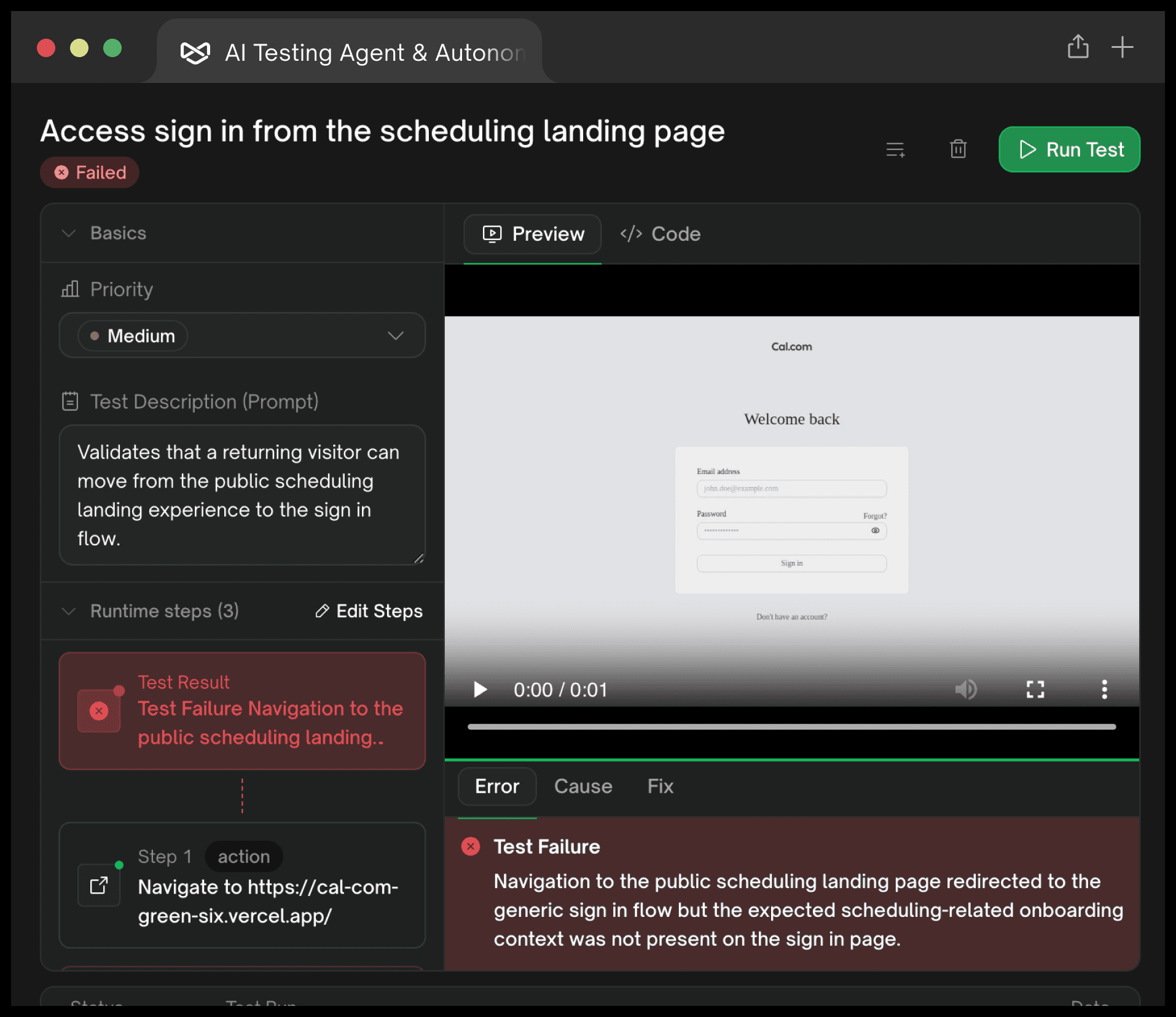 A failed test in TestSprite with its session video, root cause, and suggested fix