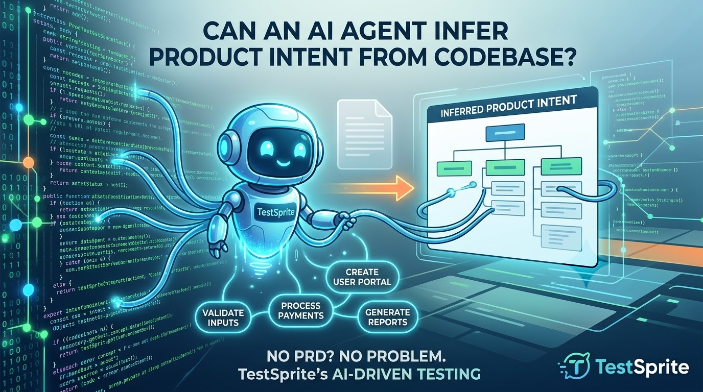 Can an AI testing agent infer product intent directly from the codebase when no PRD exists? cover