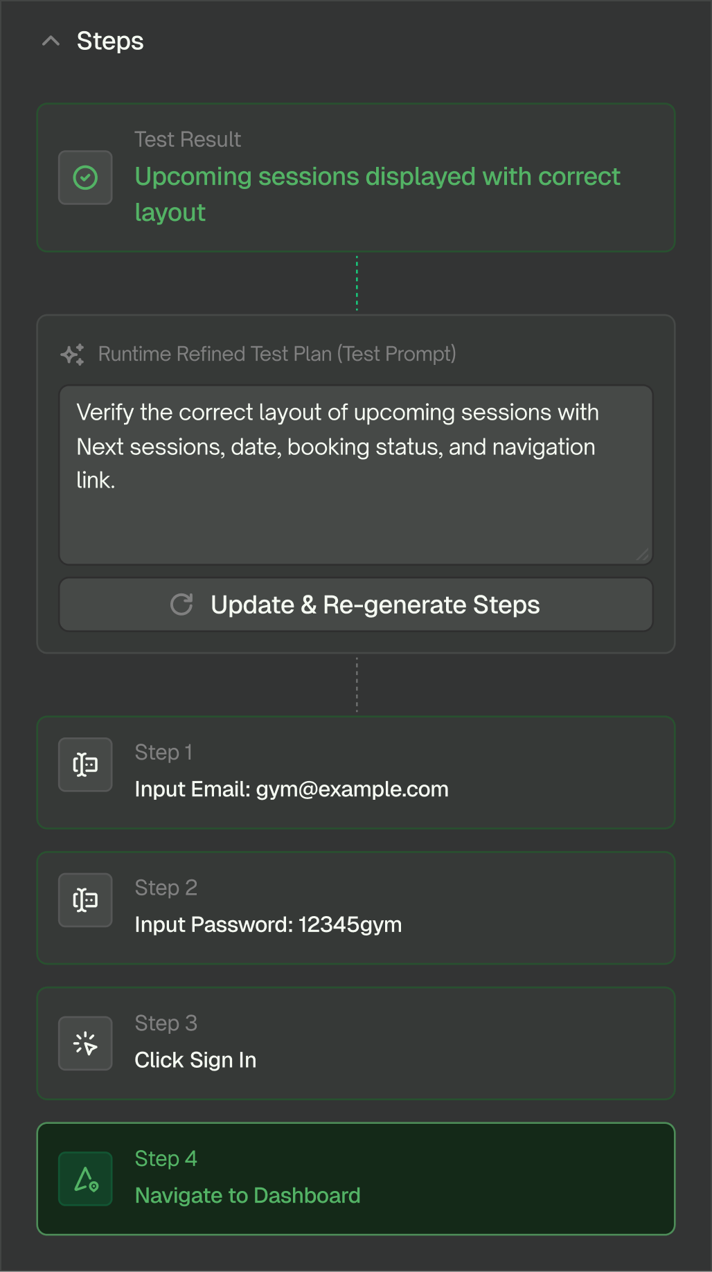 Front-end test steps panel