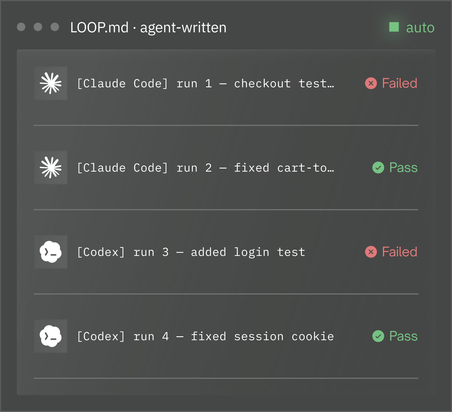Agent-written LOOP.md: one line per run with maker, what ran, and pass/fail verdict