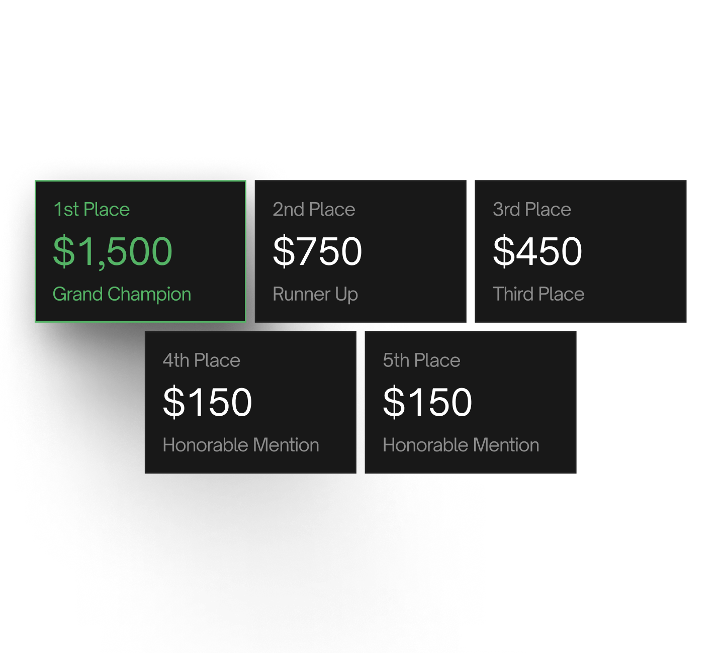 Prize tiers: 1st place $1,500 Grand Champion, 2nd $750, 3rd $450, 4th and 5th $150 Honorable Mention