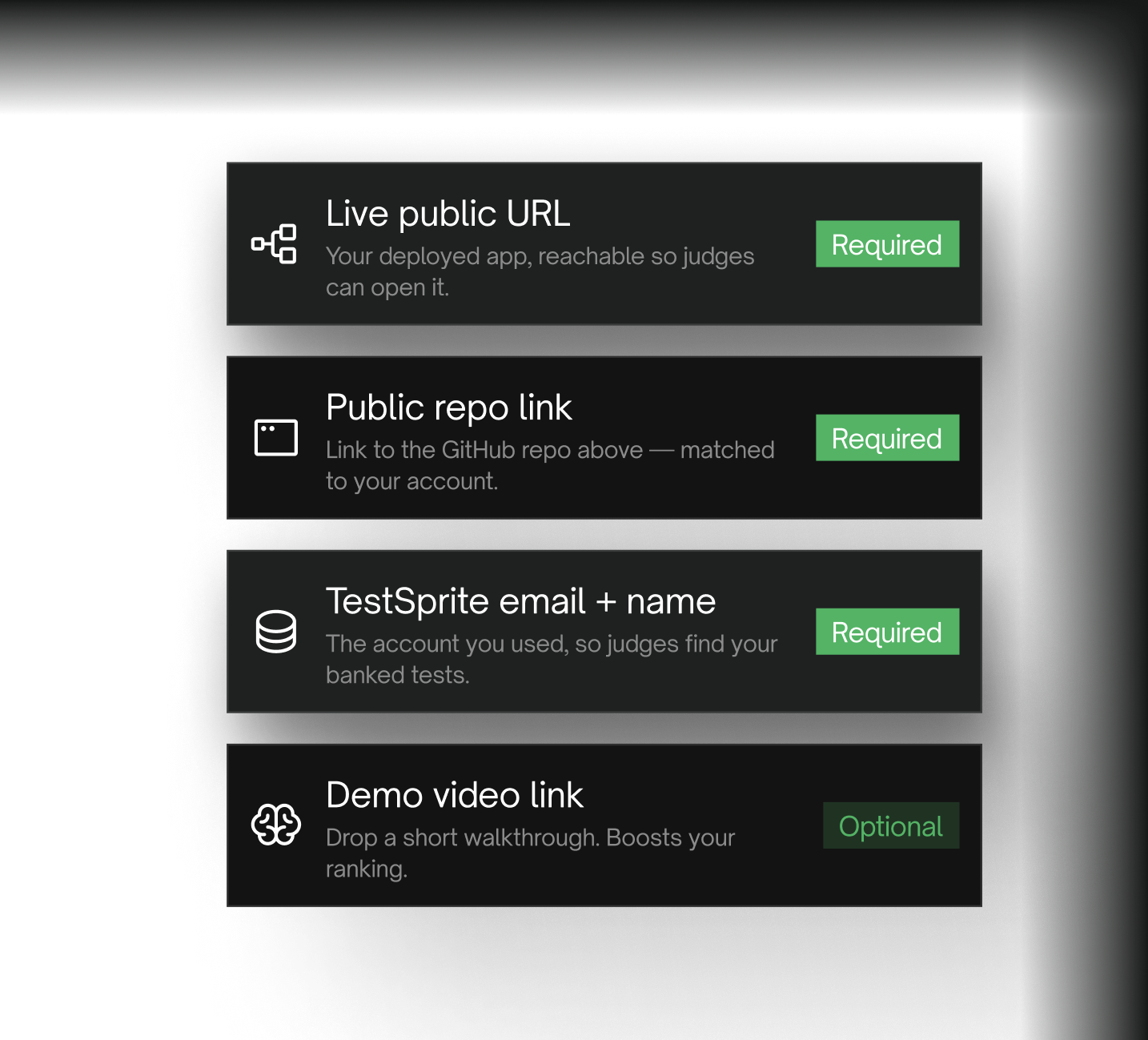 Submission checklist: live public URL, public repo link, TestSprite email and name, demo video link