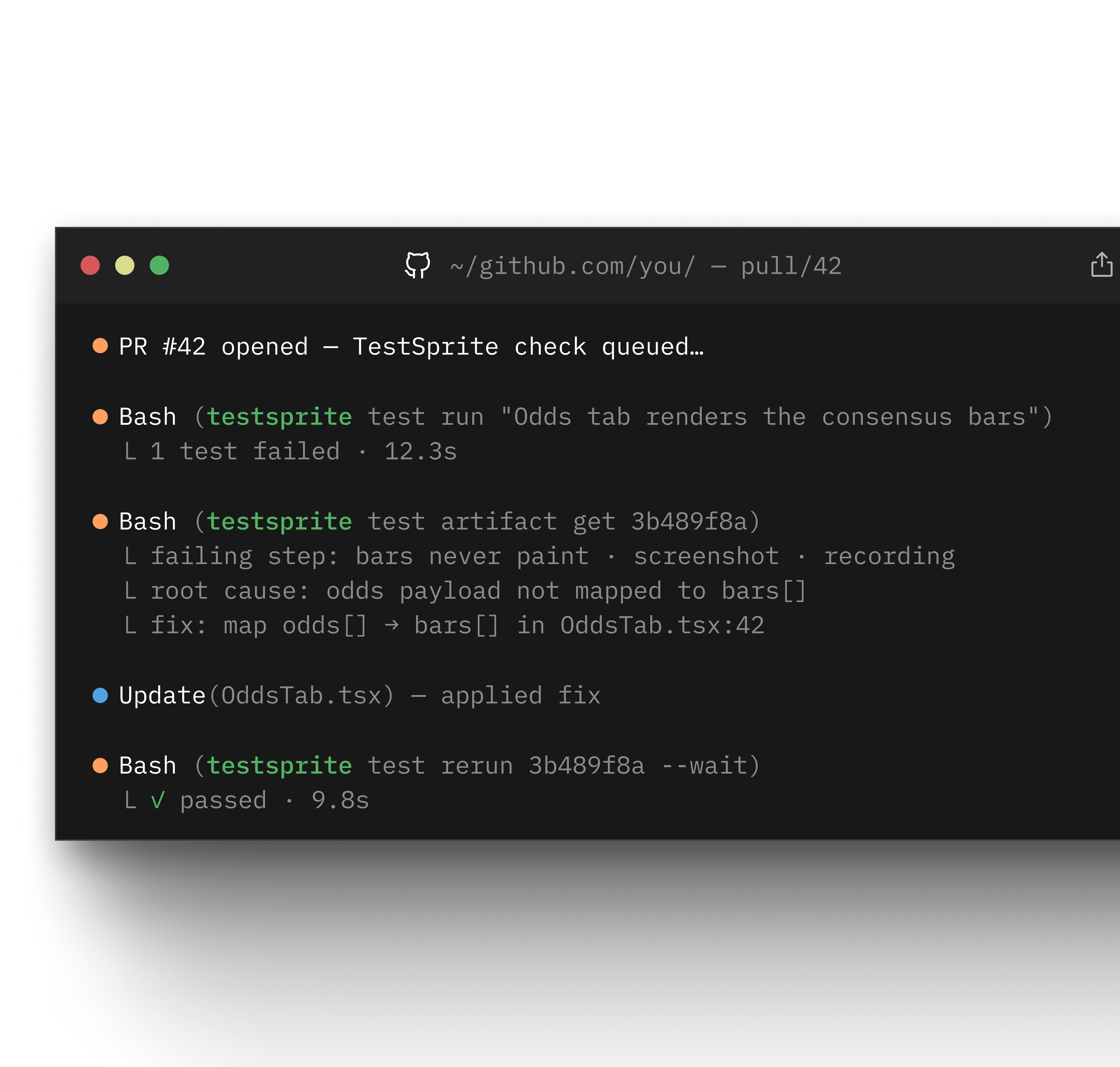A pull request where the TestSprite check fails, the fix is pushed, and the check passes