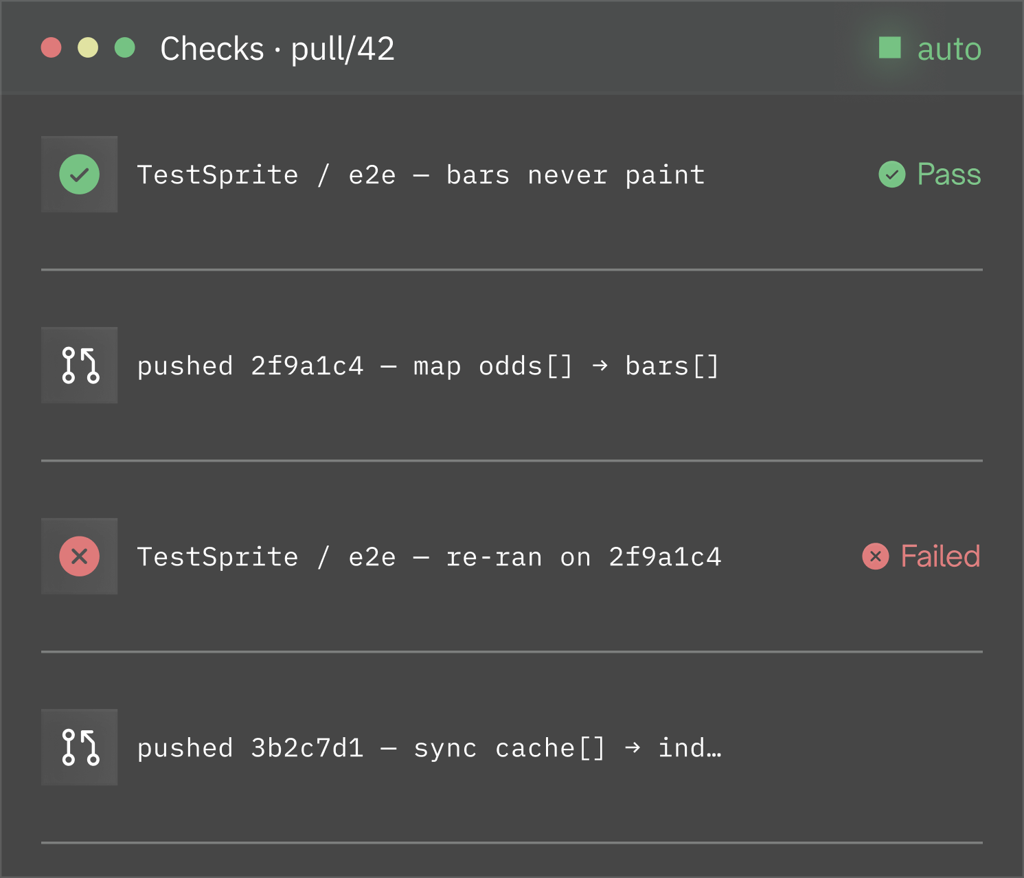 The checks section of a pull request: a TestSprite / e2e check on 'bars never paint', a commit pushed mapping odds[] to bars[], and a re-run of that check