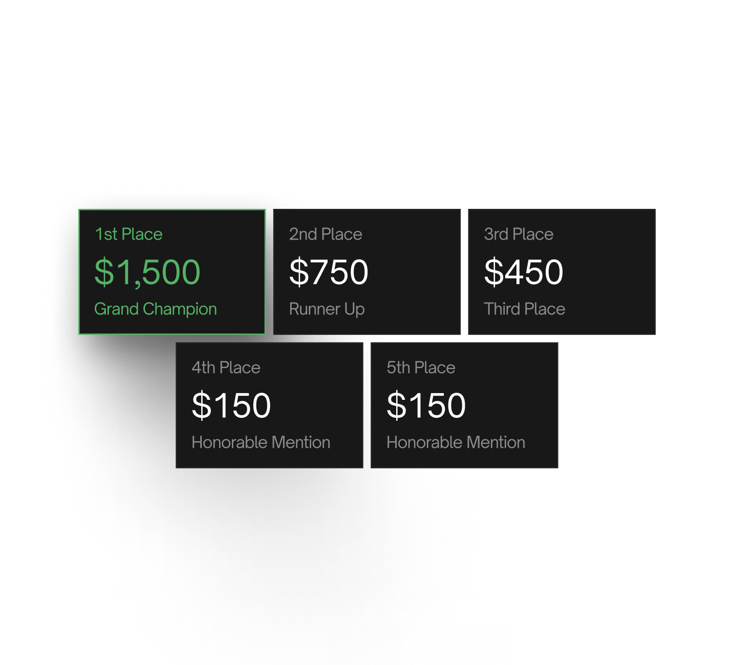 1st Place $1,500 Grand Champion · 2nd Place $750 Runner Up · 3rd Place $450 Third Place · 4th Place $150 Honorable Mention · 5th Place $150 Honorable Mention