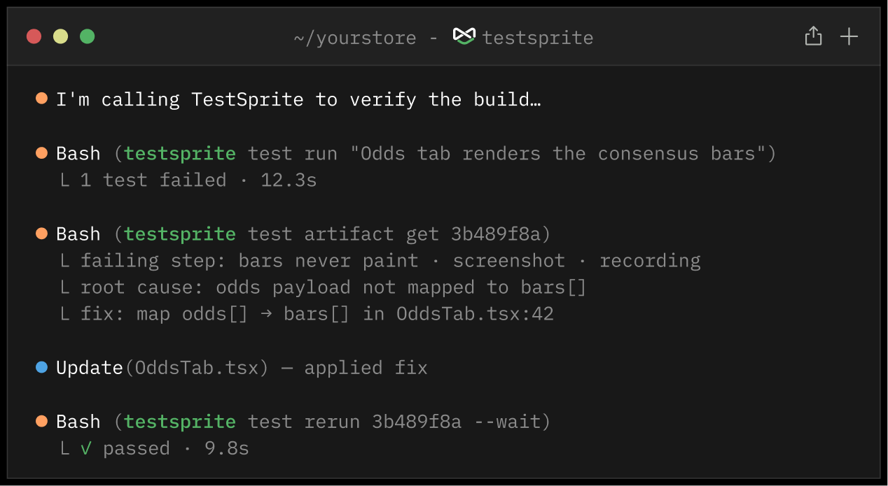 An agent running TestSprite from the terminal, reading the failure and rerunning