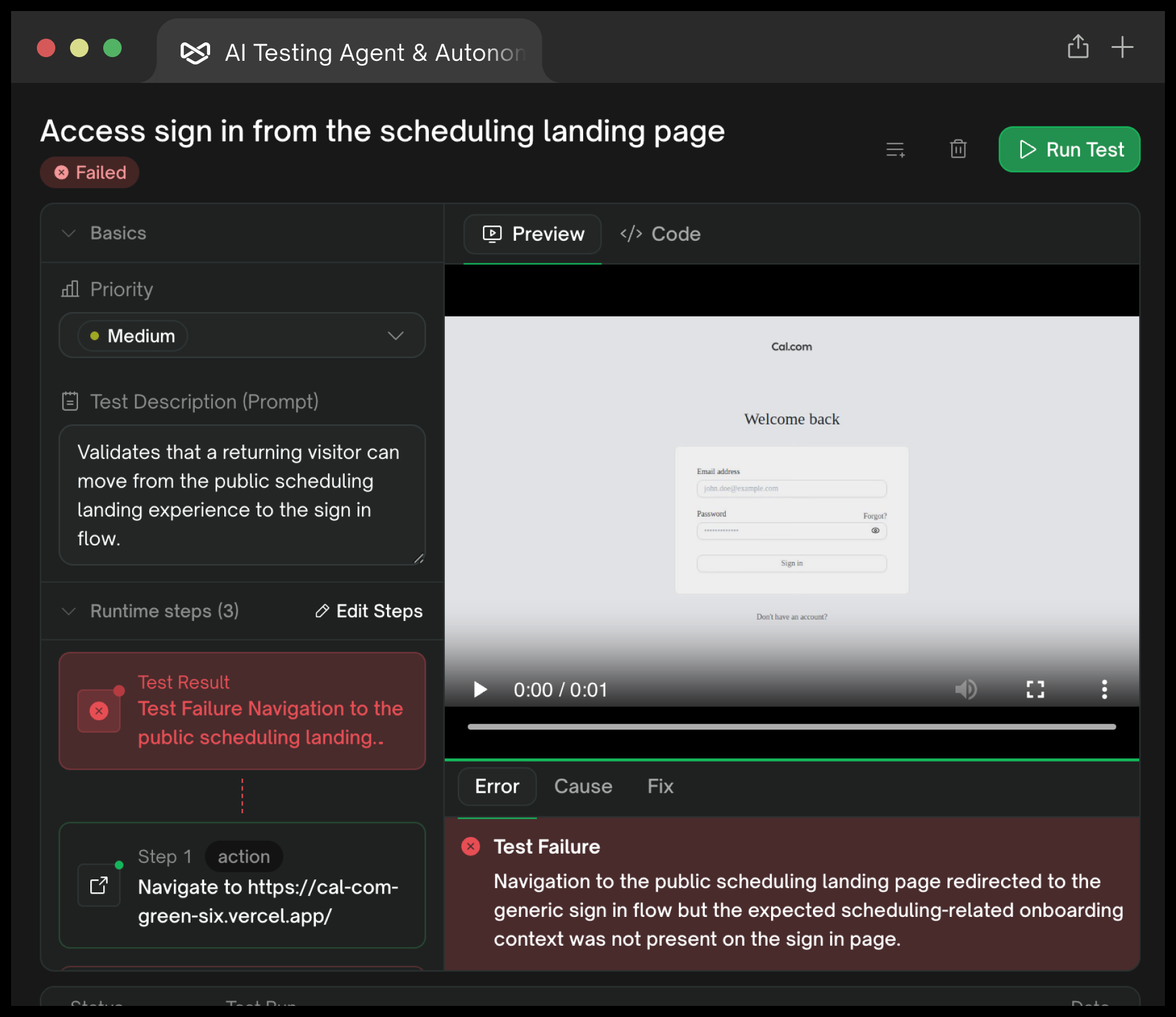 A failed test in TestSprite with its session video, root cause, and suggested fix